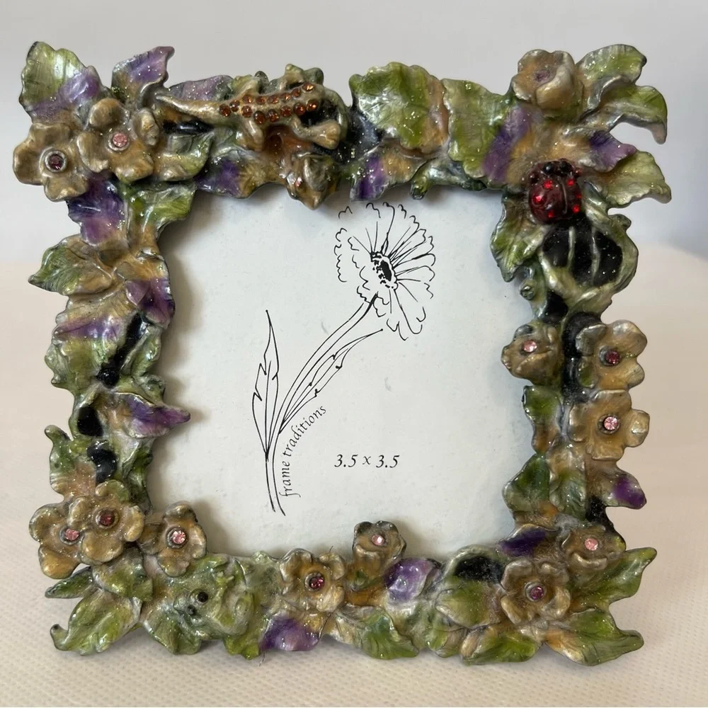 Beautiful Green Enamel Picture Frame 3.5 x 3.5 Floral Ladybug Frog Vintage